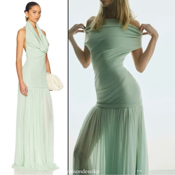 NWT Helsa Maxi Dress Gallery Mint Green Halter Off Shoulder Wedding Guest M - Picture 2 of 12